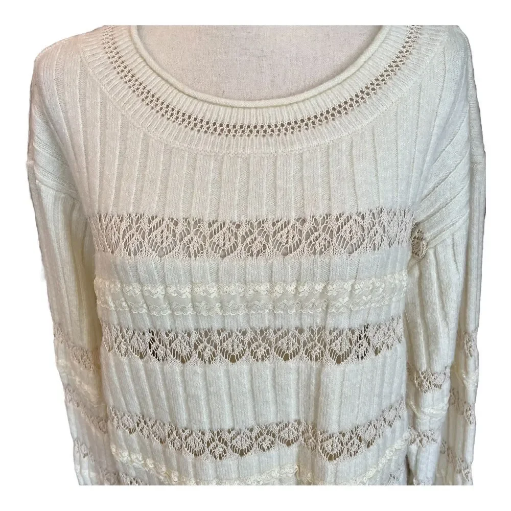 Zara Knit Sweater Small Cream Lace Detail Ribbed Cotton Blend Stretch